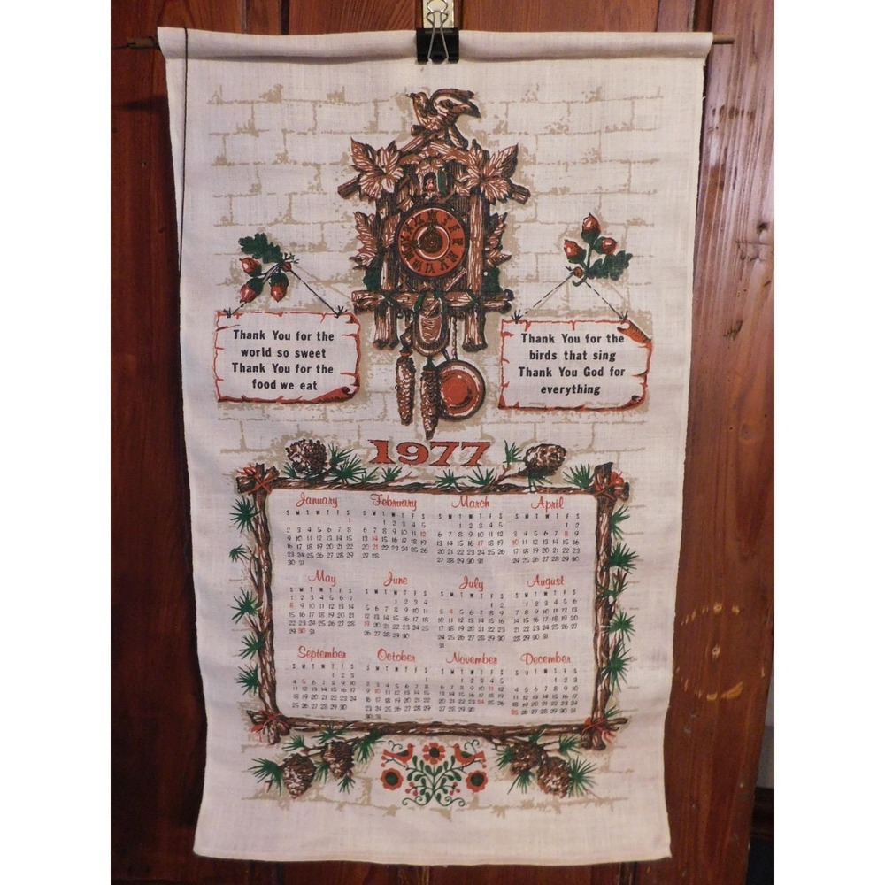 Vintage 1977 Linen Calendar Tea Towel Cuckoo Clock